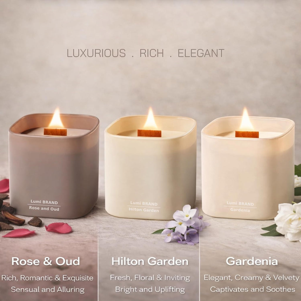 Set of 3 Premium Scented Soy Candles Gift Set | Nature's Bloom Collection - Gardenia, Hilton Garden and Rose & Oud |