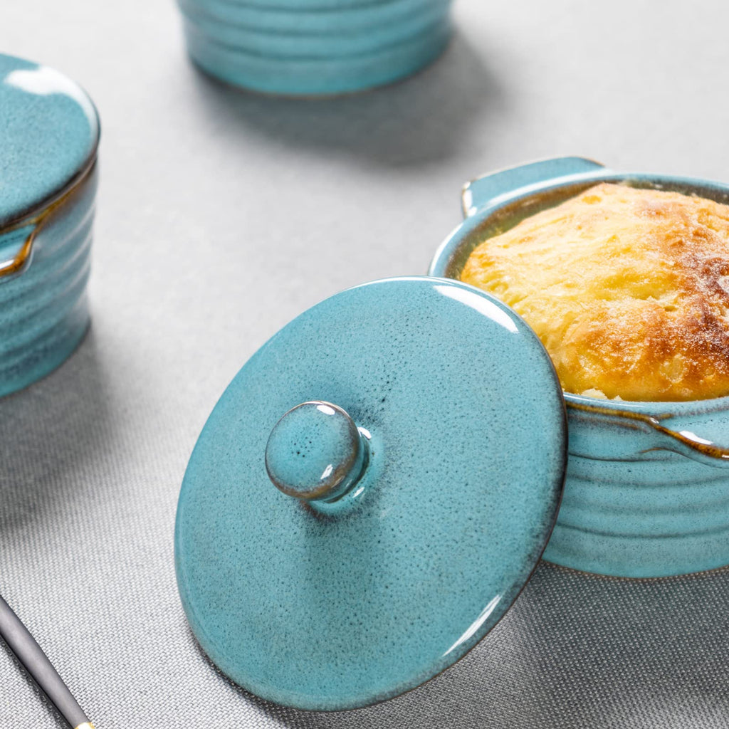 Creme Brulee Ramekins 8 oz with Lids, Oven Safe Bowls for French Onion Soup - Souffle Dish, Mini Covered Casserole