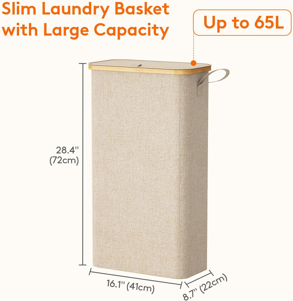 65L Slim Laundry Hamper with Lid, Narrow Laundry Basket with Removable Bag & Bamboo Handles, Fodable Thin Dirty