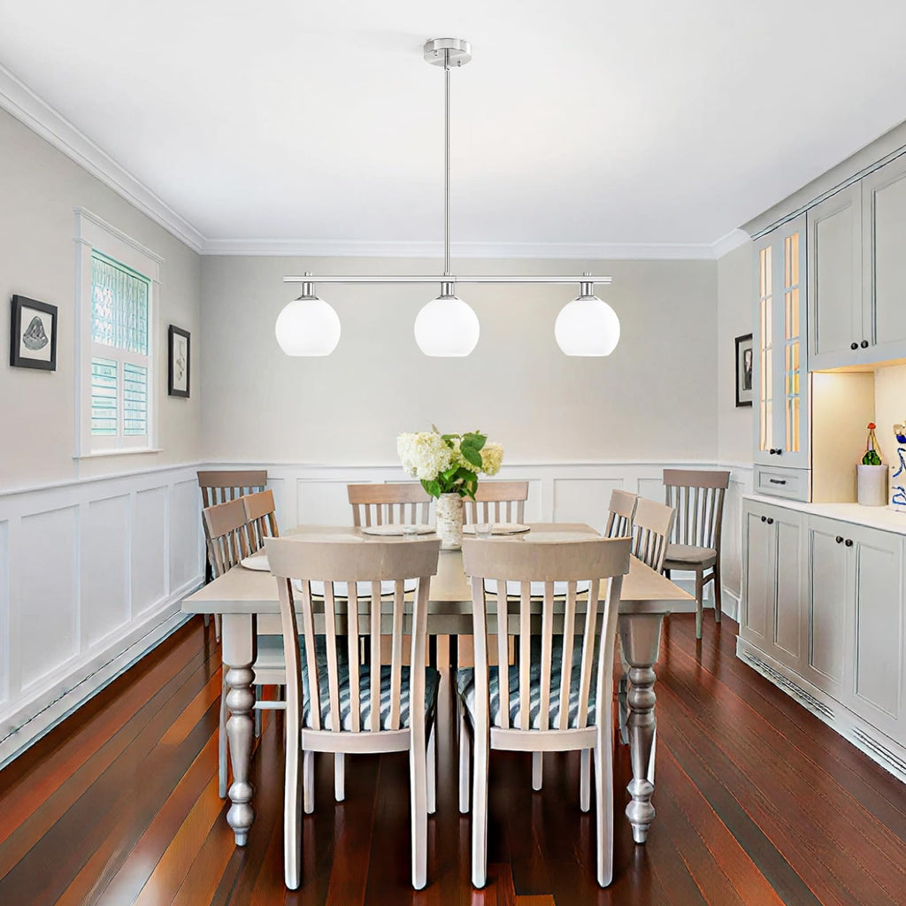 3 Lights Linear Pendant Light Kitchen Island Lighting with Milk Glass Shade, Modern Farmhouse Chandelier, Brushed