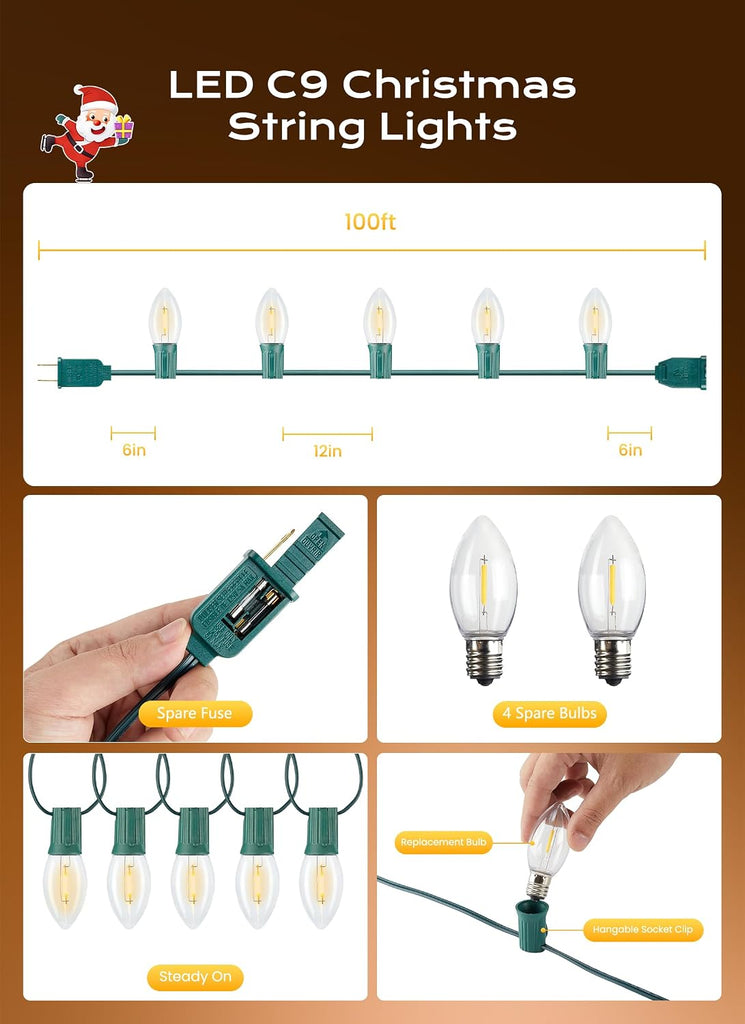 C9 Christmas Lights Outdoor, 100 FT 100 LED Vintage Warm White C9 String Lights Connectable for Christmas Tree