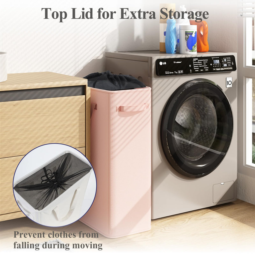 50L Pink Slim Laundry Hamper, Narrow Laundry Basket with Handles, Baby Girl Hamper, Collapsible Laundry Basket
