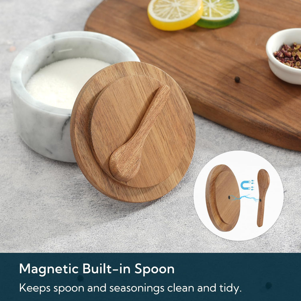 Marble Salt Cellar Box Bowl with Magnetic Built-in Spoon, Marble Salt Container with Acacia Wood Lid & Spoon, Elegant