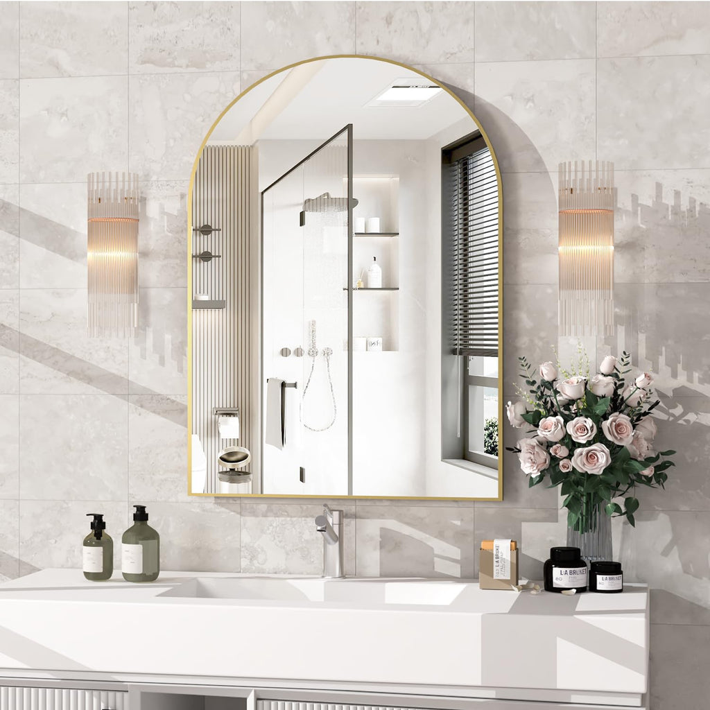 Arched Wall Mirror, 40"x30" Arched Mirror Wall Mounted Mirror with Metal Frame, Gold Vanity Mirror Decor for Mantle