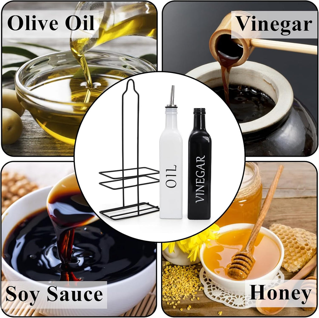 Oil and Vinegar Dispenser Set with Caddy Holder, 17oz Black & White Olive Oil Dispenser Bottle, Cute Modern - Set of 2