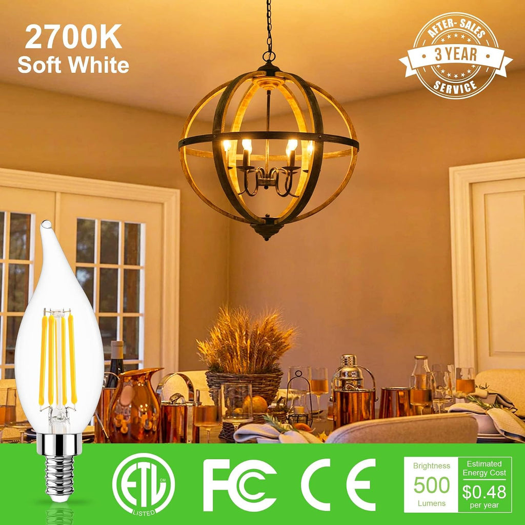 Dimmable E12 LED Bulb 60 Watt Equivalent, Soft White 2700K, 500 Lumens, Candelabra LED Light Bulbs 4W, CA10 Flame Tip