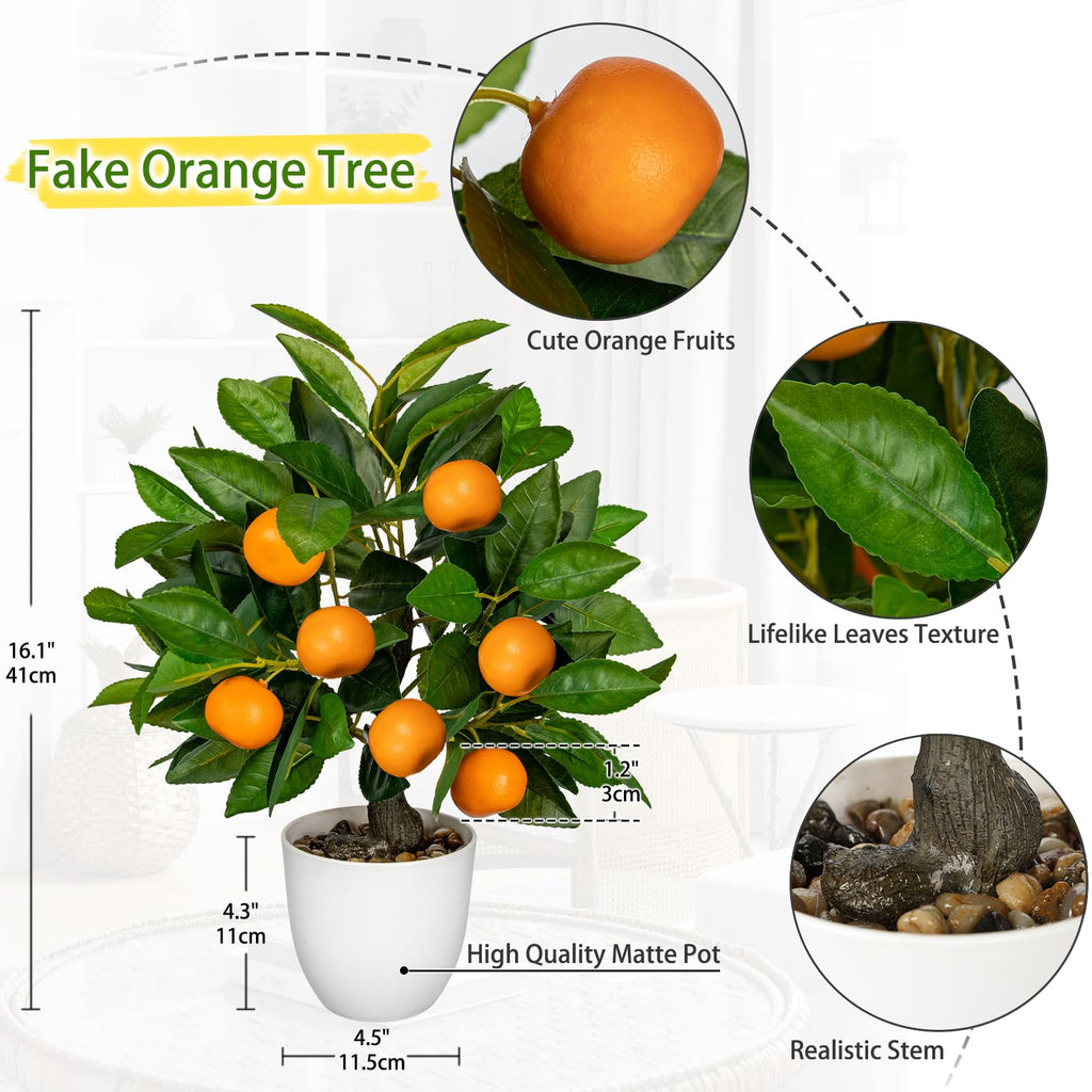 Artificial Potted Plants 16.1 inches Fake Orange Tree Artificial Citrus Fruit Plant with White Pot Faux Plants Indoor