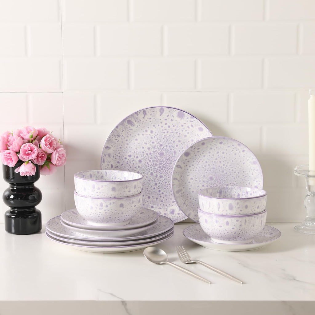 12 Pcs Speckled Glaze Ceramic Dinnerware Set for 4, Lavender Purple