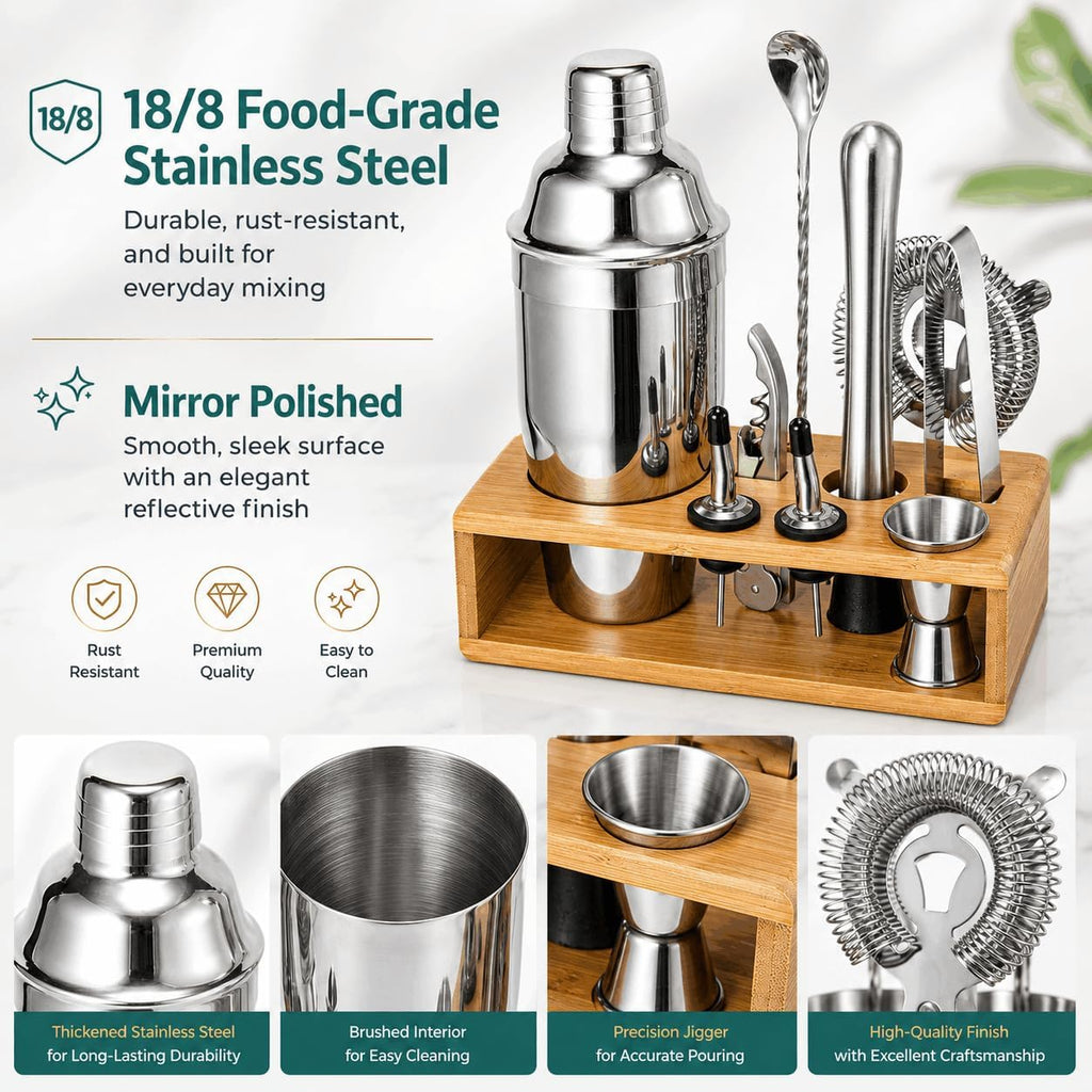 Cocktail Shaker Set, 18/8 Food-Grade Stainless Steel Mixology Bartender Kit 10-Piece Bar Tools with Stylish Bamboo - Set of 10
