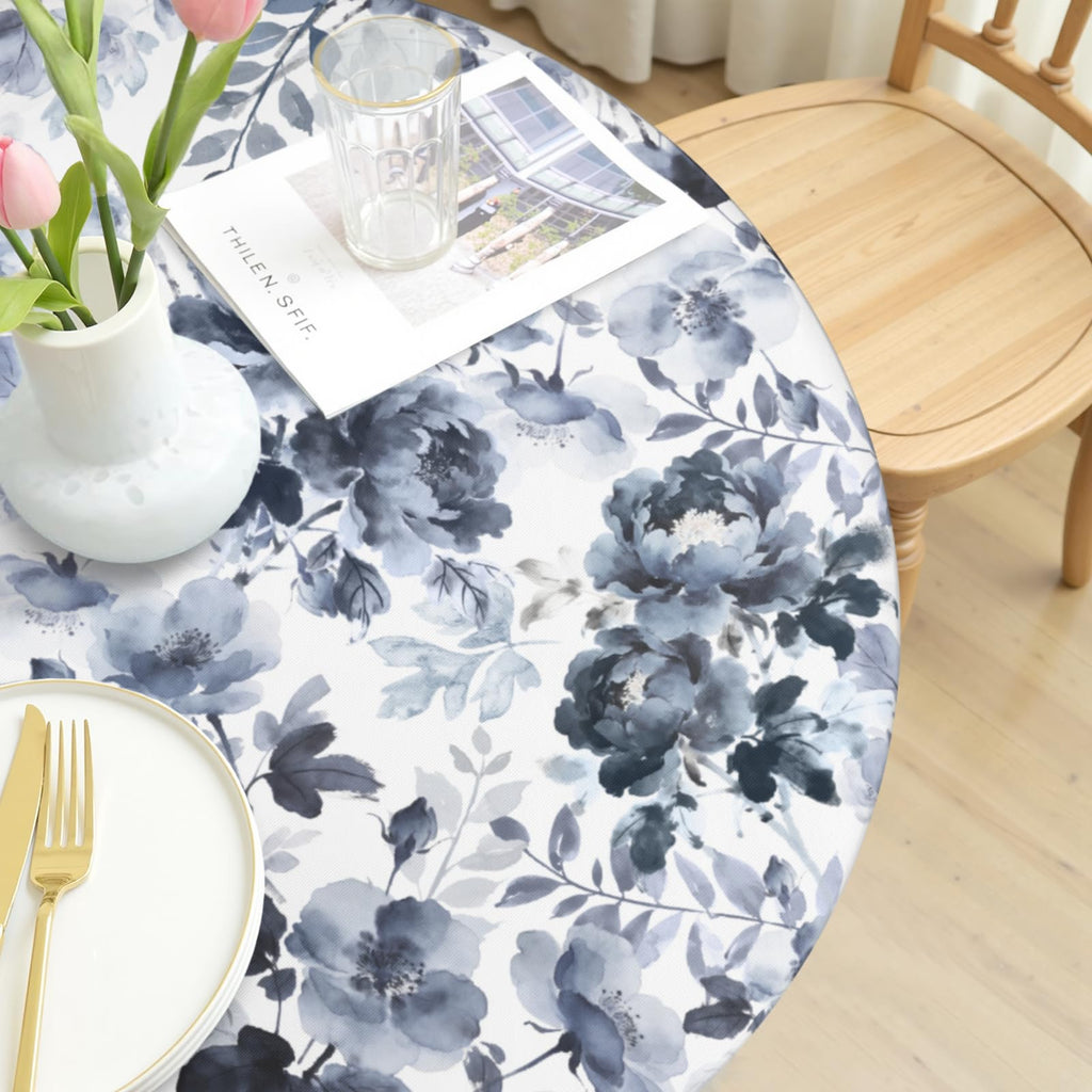 Sping Round Fitted Tablecloth Best for 48"-52" Navy Blue Floral Table Cloth Elastic Edge Washable Farmhouse Rustic