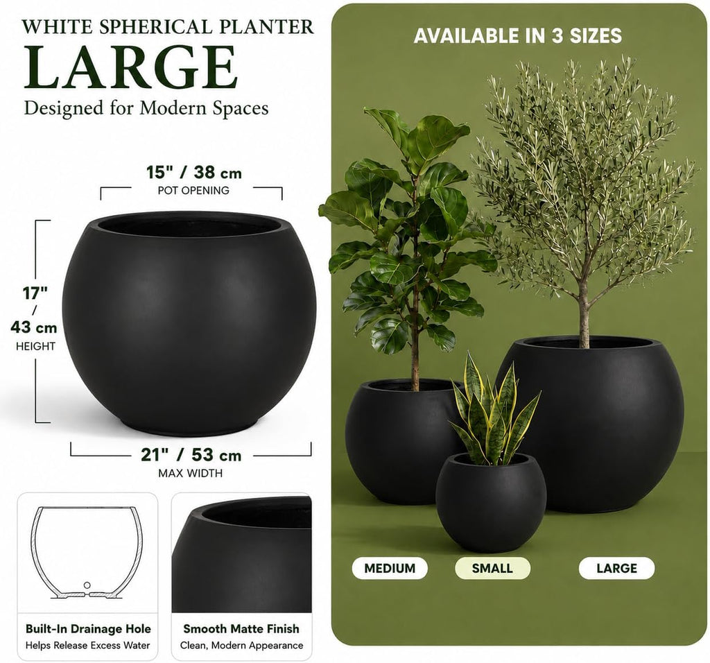 17" H x 21" Dia Modern Large Round Black Fiberstone Planter Pot with Drainage Hole, Lightweight UV-Resistant Planter