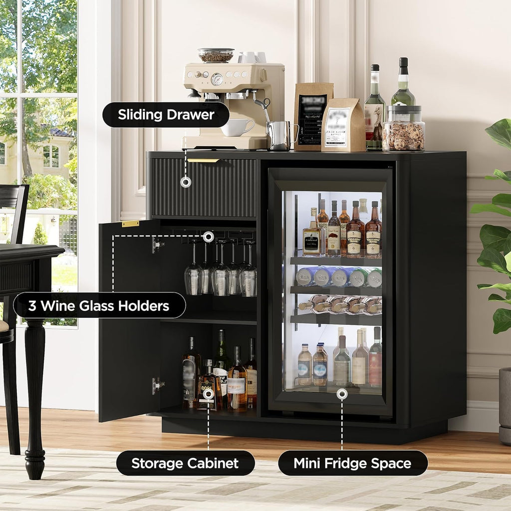 Mini Fridge Cabinet with Wine Storage & Power Outlet, Black | Coffee Bar Cabinet with Mini Fridge Space, Liquor