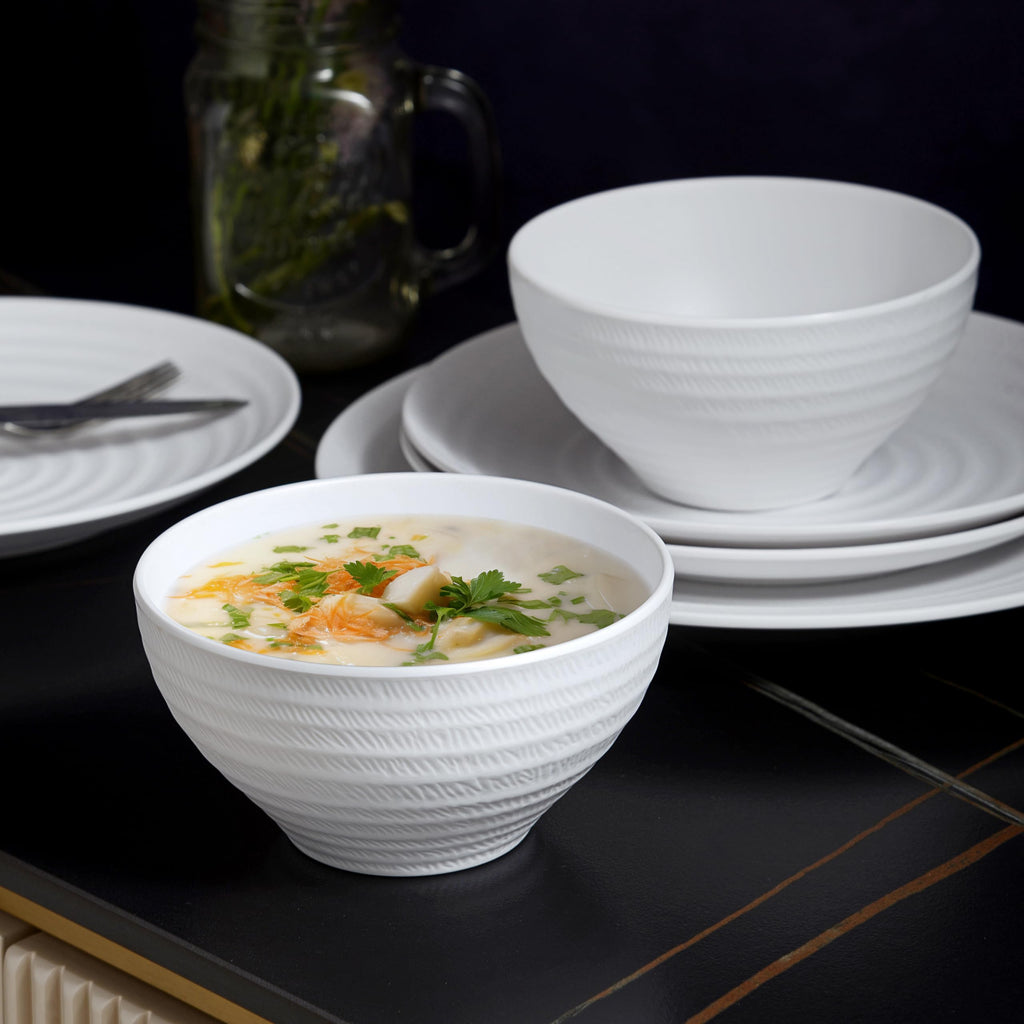 Melamine Dinnerware Sets for 4, 12PCs Anti-scratch Dishes Set, Classic White