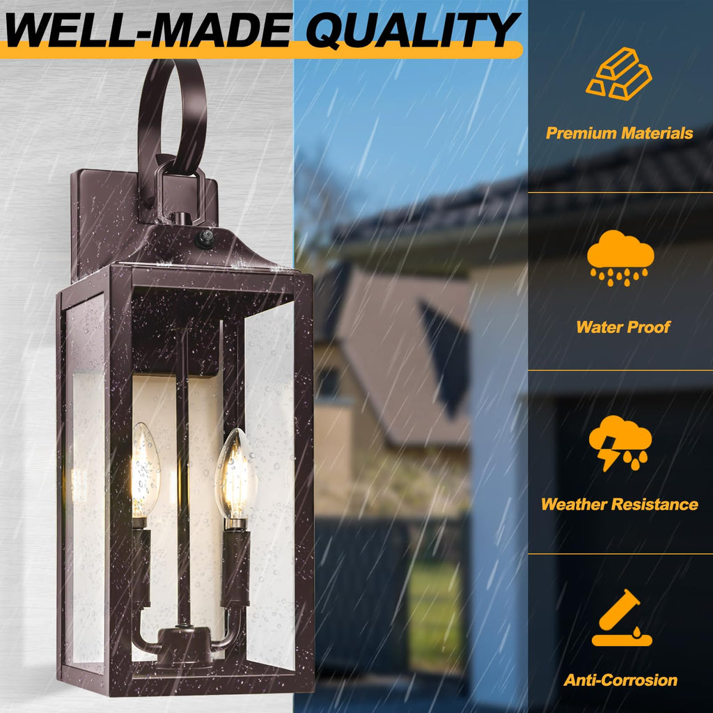 19" Dusk to Dawn Bronze Outdoor Light Fixture, Outside Wall Lantern 2-Light