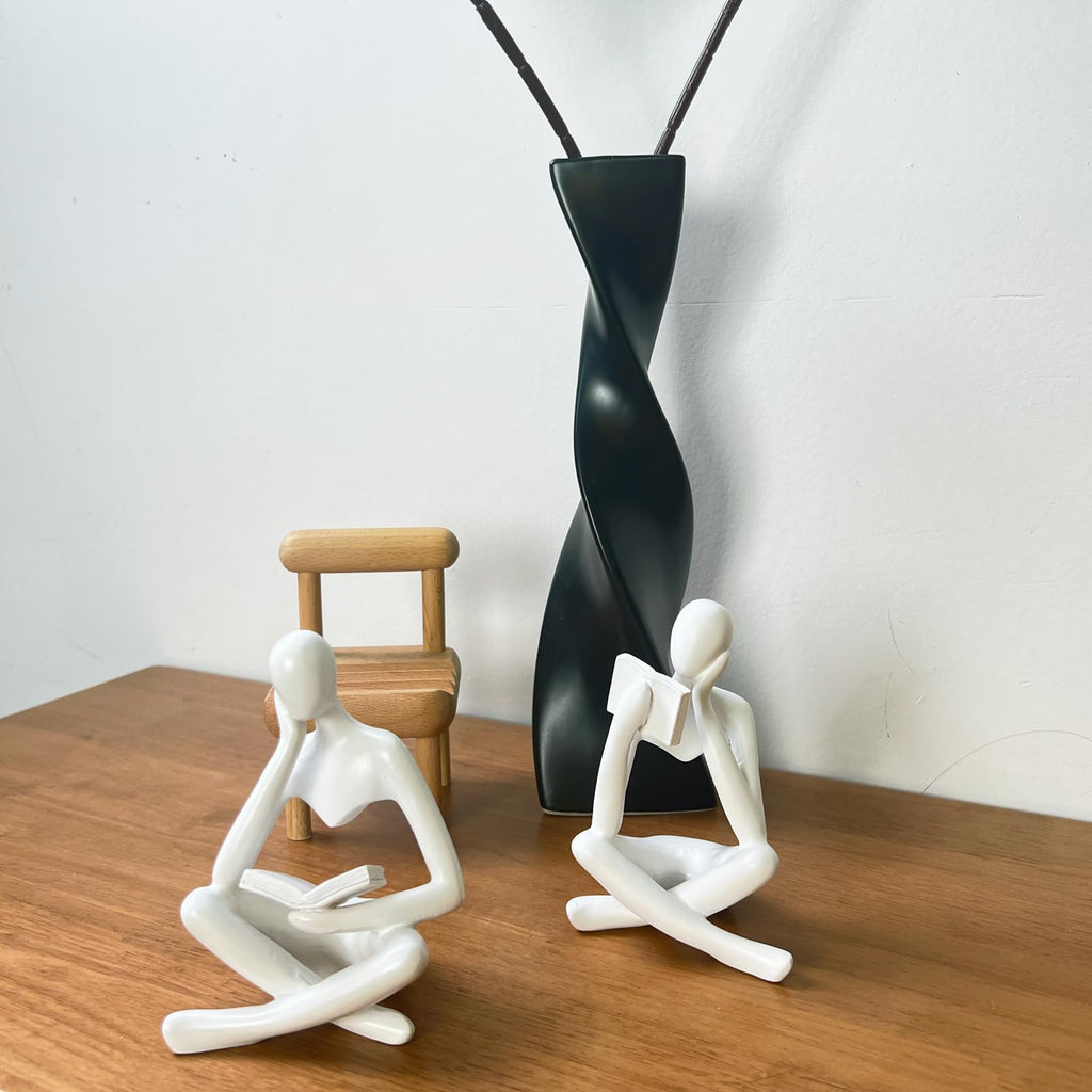 2 Pieces Home Decor White Reading Thinker Statue Modern Figurines Abstract Aesthetic Sculpture Thinker Resin Statue