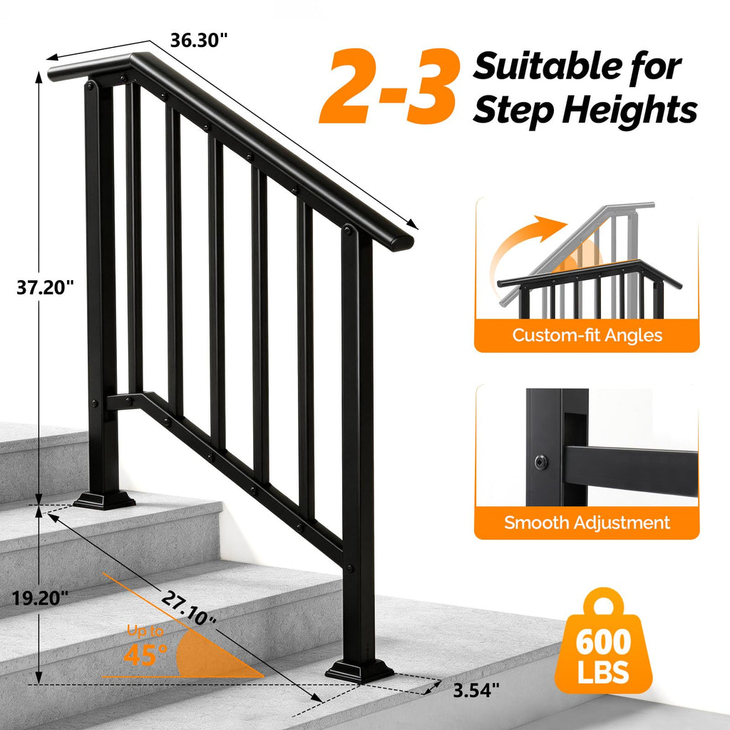 2 Pack 3 Step Handrails for Outdoor Steps, Wrought Iron Stair Railing Fits 2 or 3 Steps, Metal Hand Railing with