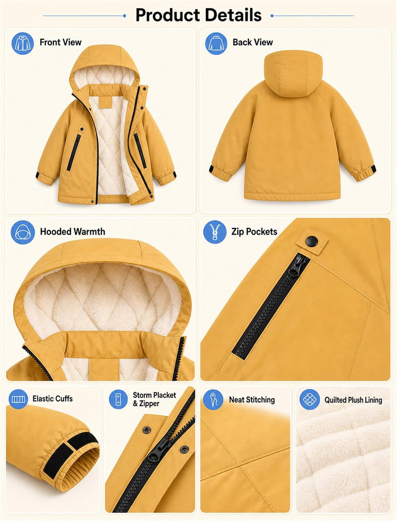 Kids Fleece-Lined Winter Coat Boys Girls Water-Resistant Jacket