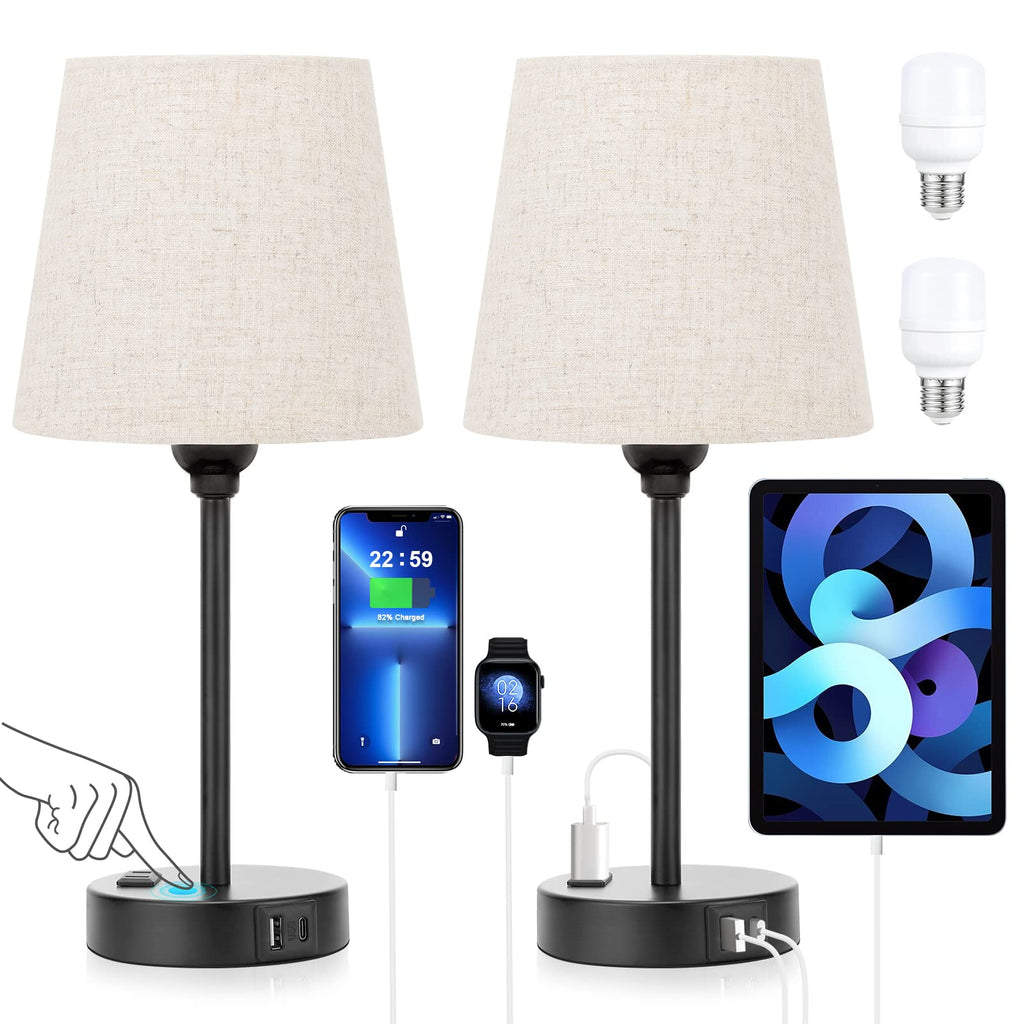 Bedside Table Lamps Set 2 - Dimmable Touch, USB C+A, AC Outlet