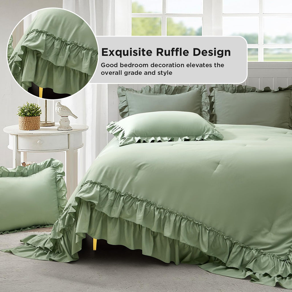 Comforter Set Sage Green, Lightweight Fluffy Farmhouse Ruffle Bedding Set, Soft Microfiber All Season