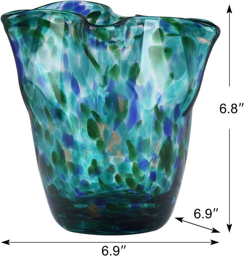 Hand Blown Glass vase, Green Wide-Mouth Petal-Shaped vase, Modern Glass Art Decoration - Set of 2