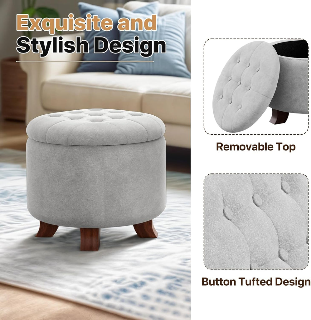 Round Storage Ottoman, 20 Dia. x 17 H Inches, Light Gray | Linen Fabric Tufted Upholstered Ottoman with Legs &