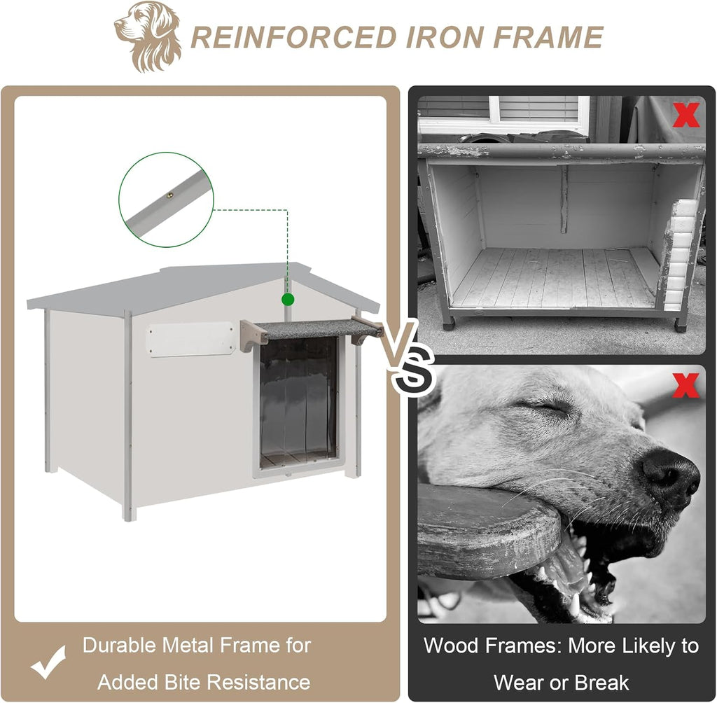 Outdoor Dog House with Chew-Proof Iron Frame, Wooden Dog Kennel Weatherproof, Removable Floor, Adjustable Vent Window