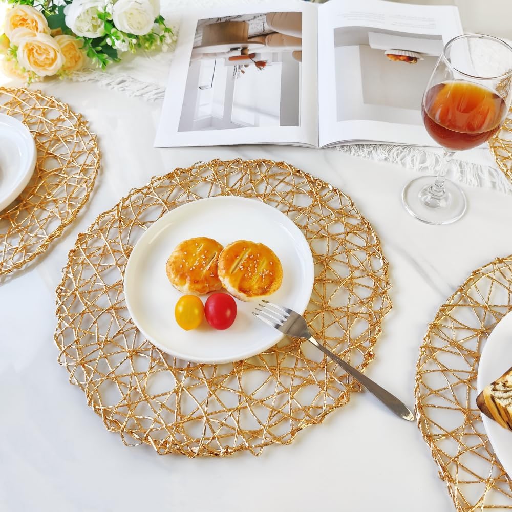 Inch Boho Round Woven Gold Placemats Shiny Place Mats - Set of 6
