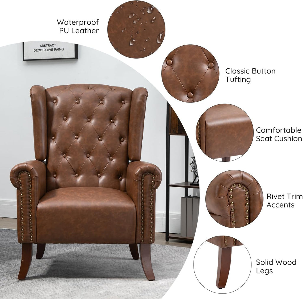 Mid-Century PU Leather Accent Chair, Living Room Lounge Sofa Chair with Buttons, Single Club Armchair with Rivet Trim