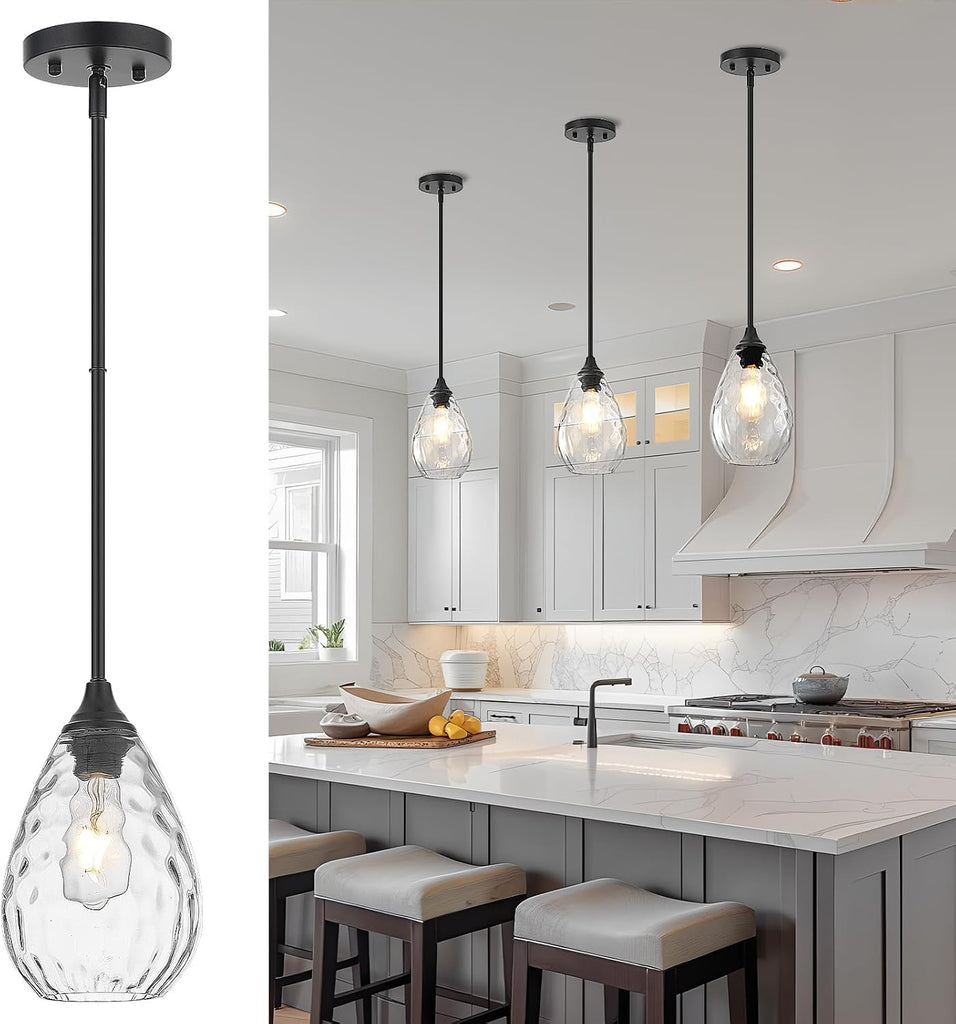 Glass Pendant Lights Kitchen Island, 1-Light Modern Black Pendant Light Fixtures with Hammered Glass and Rods, Small