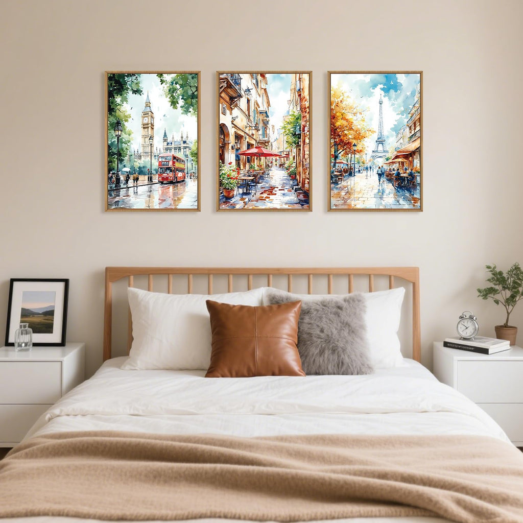 Watercolor European Cityscape Framed Canvas Wall Art Set,London Big Ben & Paris Eiffel Tower Street Scenery Wall