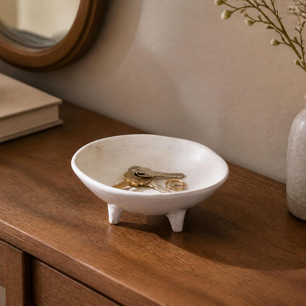 6" Small Decorative Bowl, Multi-Purpose Decorative Bowls for Keys, Candy and Home Decor, Ceramic Bowl (Retro White)