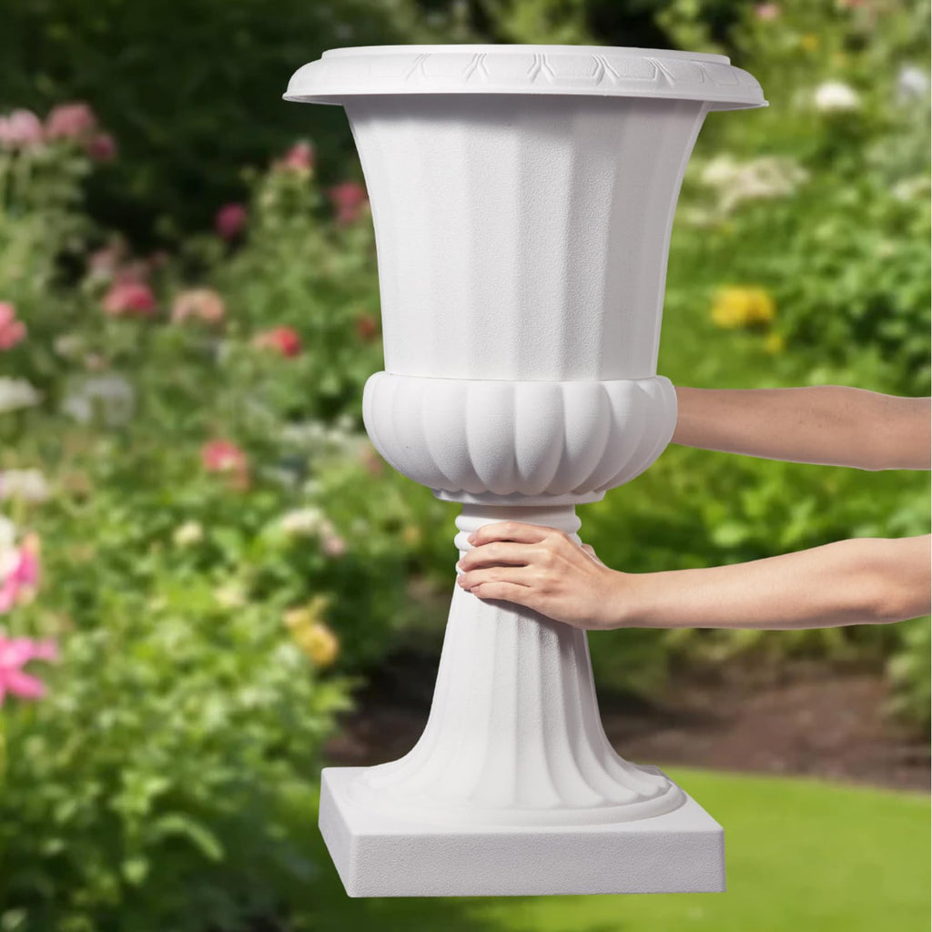 Plastic Urn Planters, 15.8 x 26.4 Inch, 2 Pack White Classic Flower Pots Front Porch Planters, Indoor & Outdoor Vase
