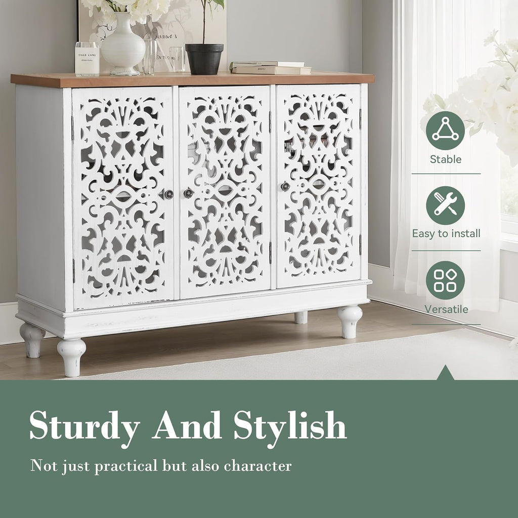 Entryway Buffet Cabinet with Storage, White Accent Cabinet | Accent Cabinet, 3 Doors, Buffet Cabinet with Storage