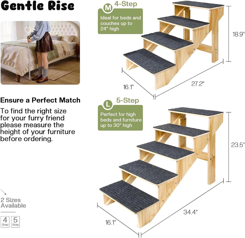 4-Step Dog Stairs for Large Dogs, Solid Wooden Dog Steps for Beds/Couch with Carpet, 19 Inches Anti-Slip Pet Stairs