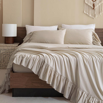 100% Cotton Sheet Set, Ruffle Bed Sheets Linen Feel Textured Farmhouse Shabby Vintage Chic Bedding 4 Pieces