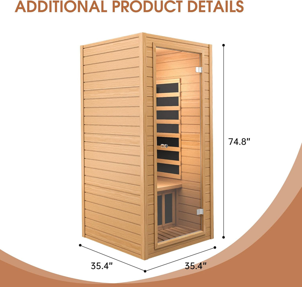 Springspa Far Infrared Sauna, Low EMF 1 Person Sauna, Indoor Canadian Hemlock Wood Home Dry Saunas Room with 1400W