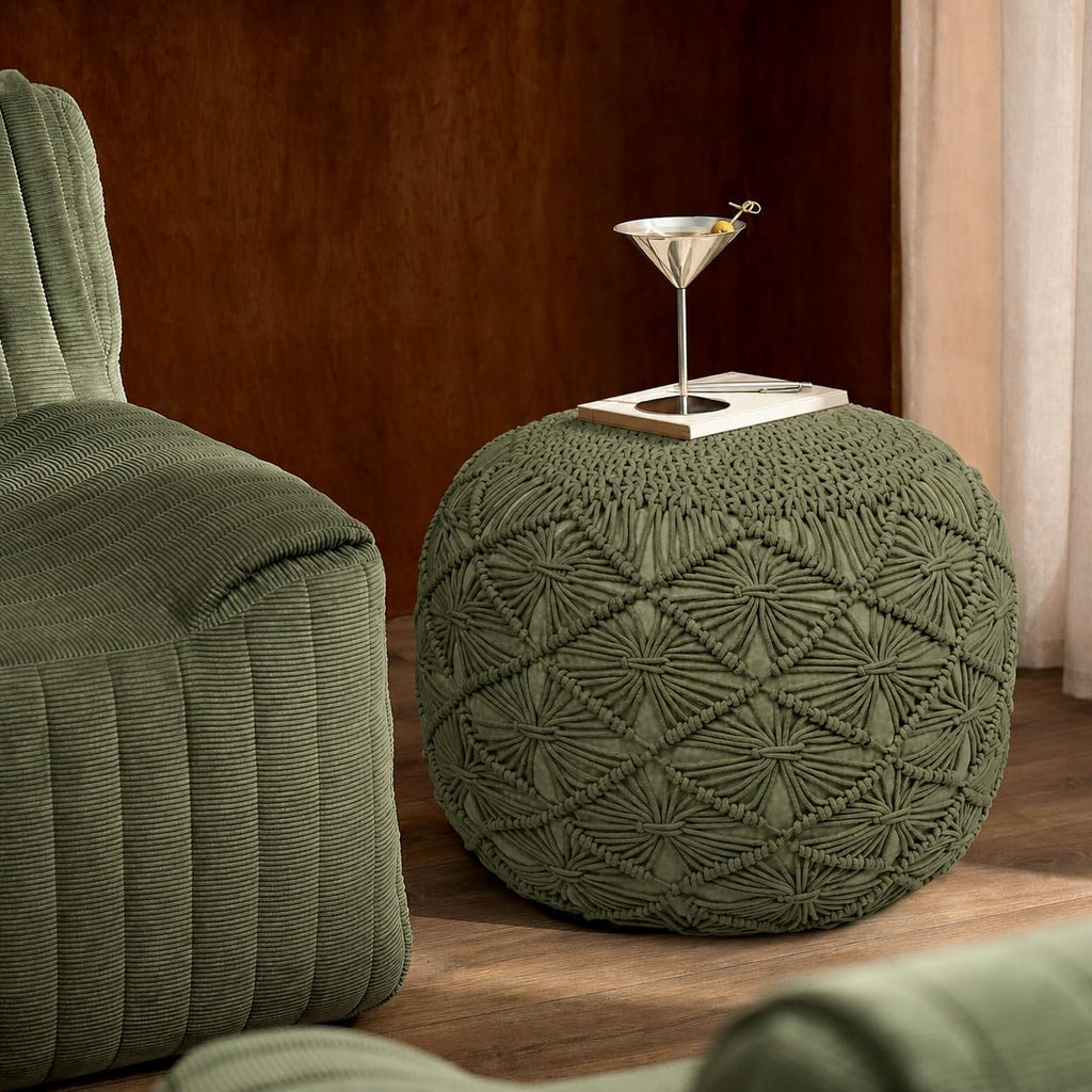 Macrame Pouf Ottoman 20x20x14 Green Handwoven Dori Footrest Stool