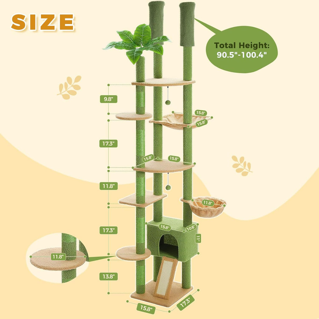 Floor to Ceiling Cat Tree, Height Adjustable 90.5-100.4'', Green