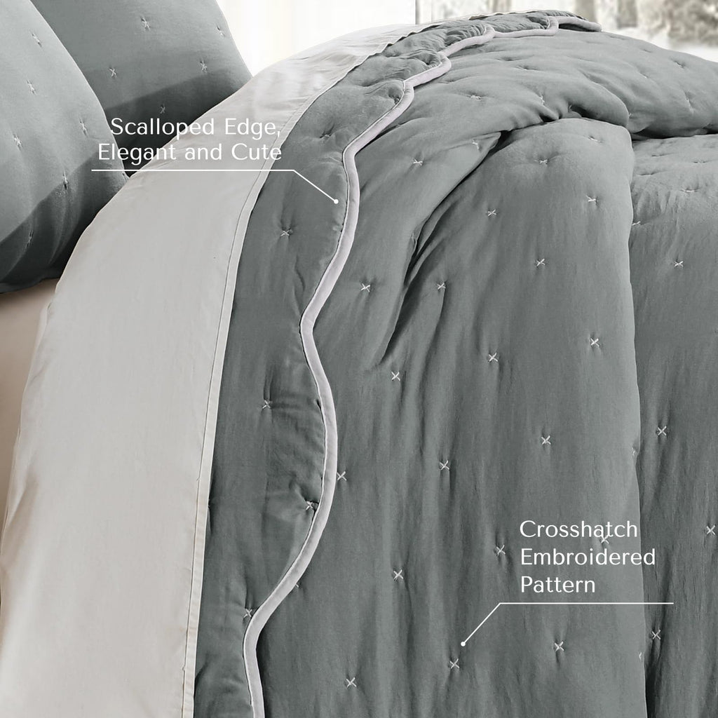 Pre-Washed Quilt Grey, Soft Microfiber Bedspread Quilted Thin Comforter with Scalloped Ruffle Edge