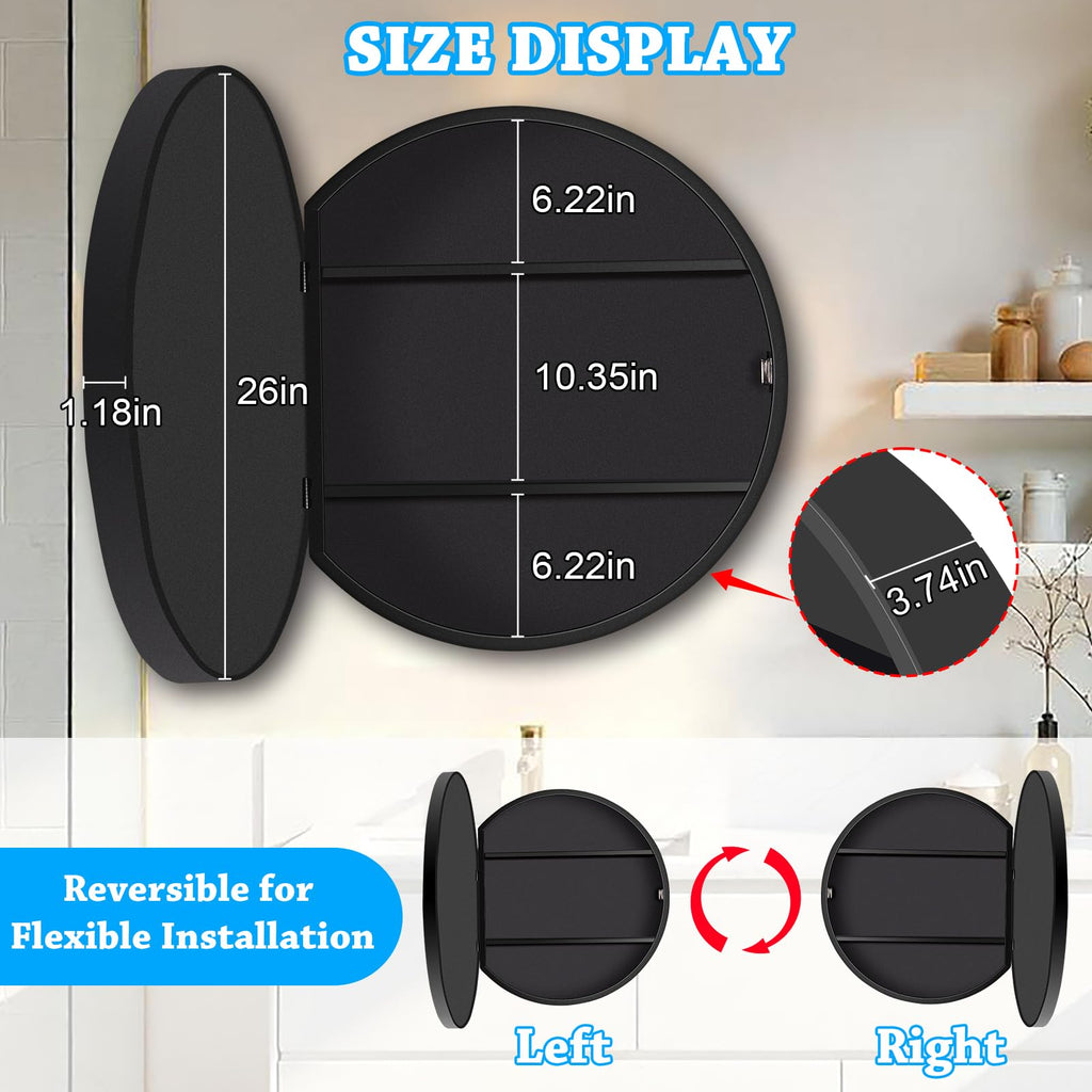 26 x 26 Inch Round Medicine Cabinet with Mirror, Surface Mount Only, Black Metal Frame Bathroom Mirror Cabinet