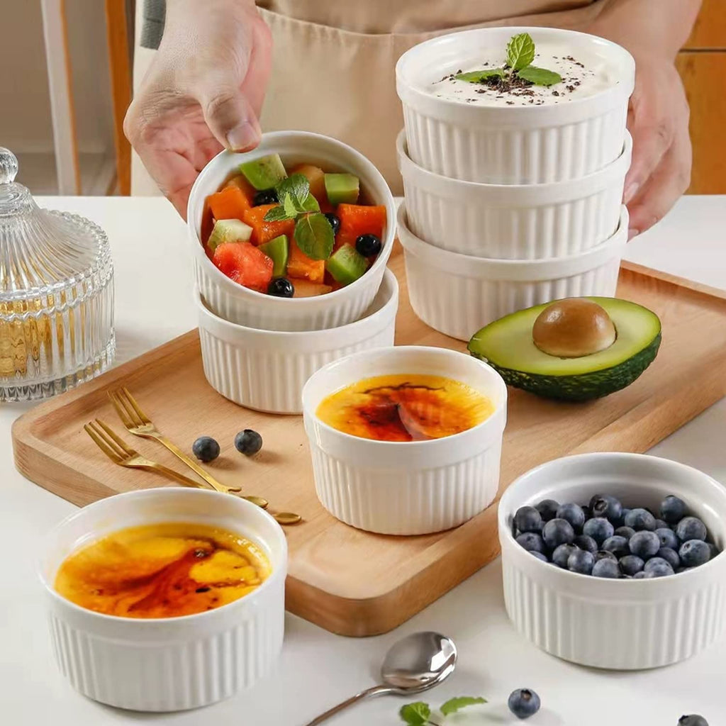 Ramekins Set with 6 Silicone Lids, Mothers Day Gifts Creme Brulee Making Set, Set of 6 Porcelain Ramekins, Oven Safe