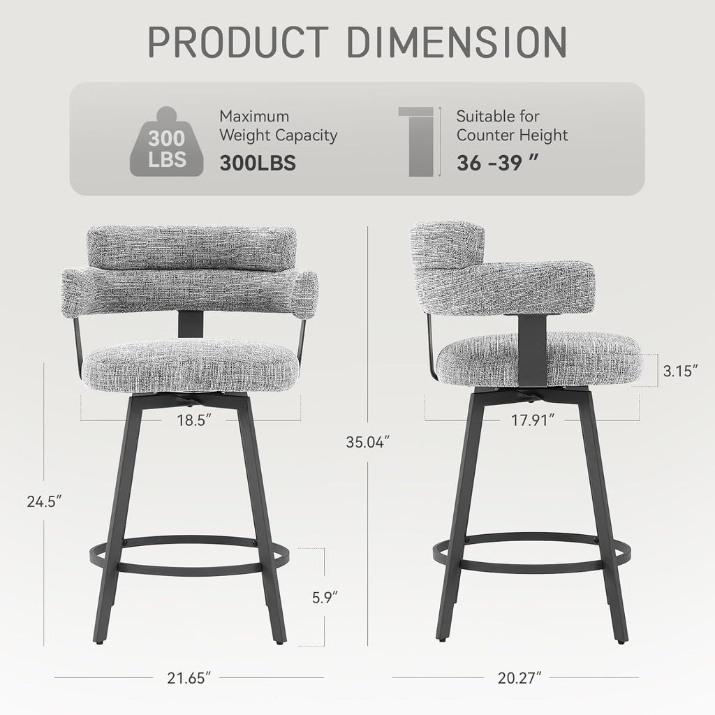 Counter Height Bar Stools with Full Back - Swivel Counter Stools Set of 2 with Linen Padded Back, Metal Footrest
