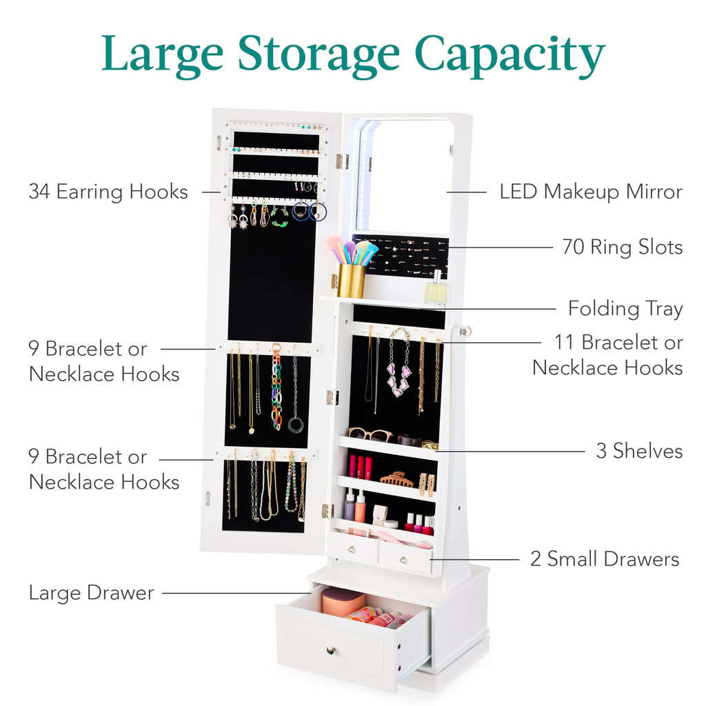 360 Swivel Mirrored Jewelry Cabinet, Standing Armoire, Makeup Storage Organizer, w/LED-lit Mirror, 3 Shelves - White