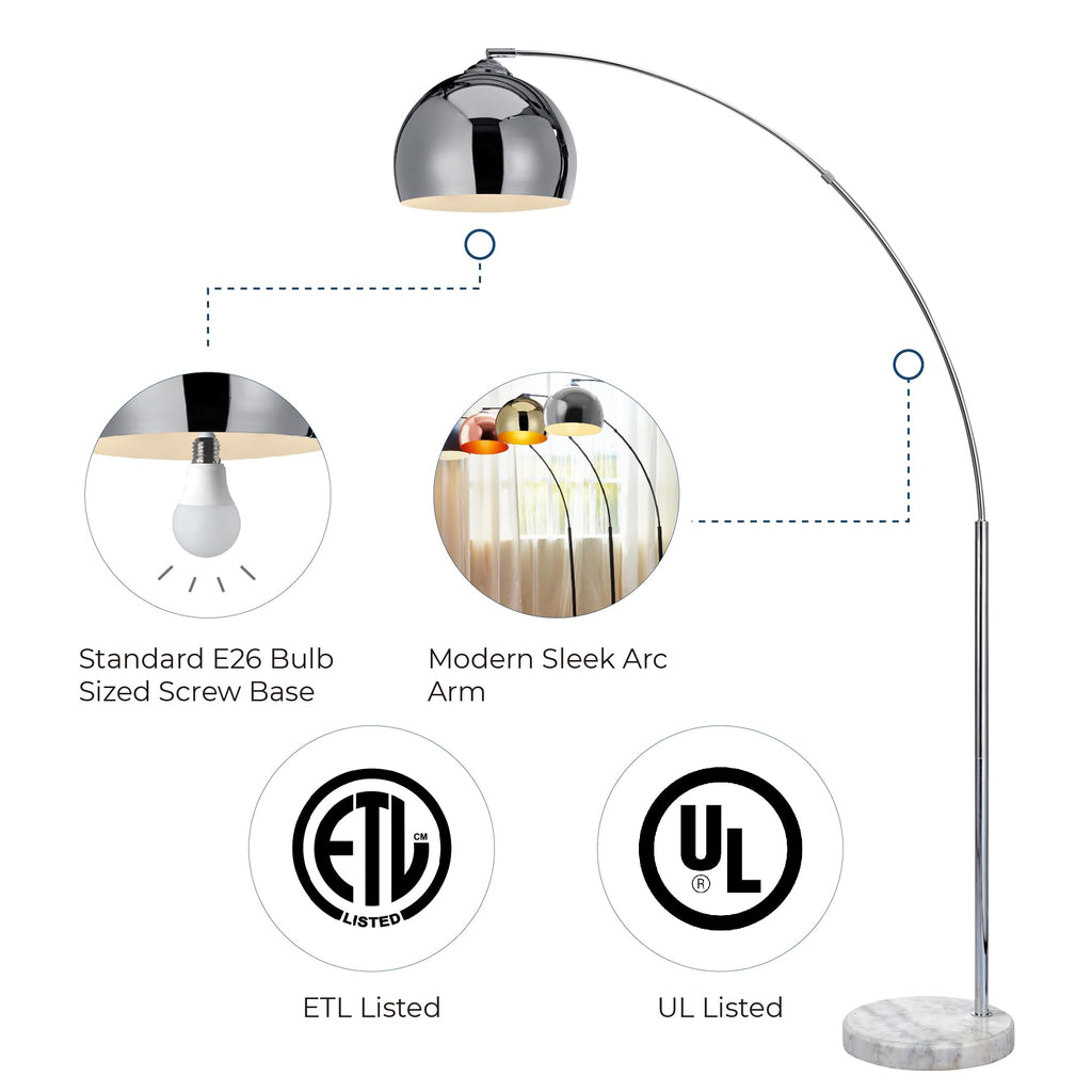 Arquer 68.1" Arc Floor Lamp s, Home Offices, Dining Rooms, Bedrooms with Faux White Marble Base and Chrome Bell