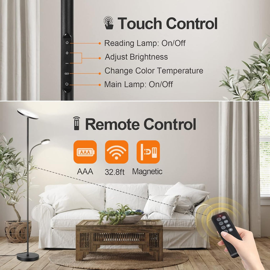 LED Floor Lamp, 27W/2400LM Modern Torchiere Lamp & 7W/ 400LM Reading Lamp