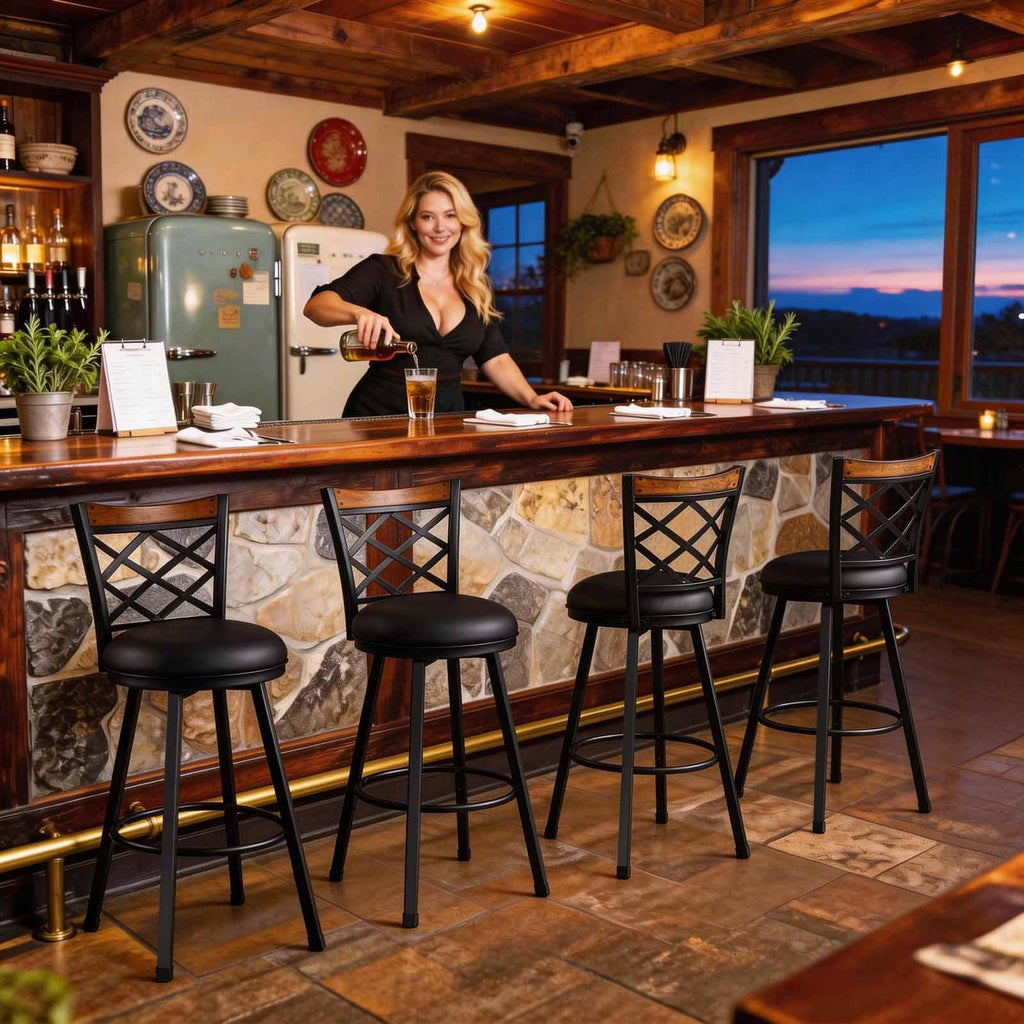 Swivel Bar Chairs Set of 4, (2-in-1) 25"/30" Adjustable Counter & Bar Stools with Backs, Black PU Seat, Industrial