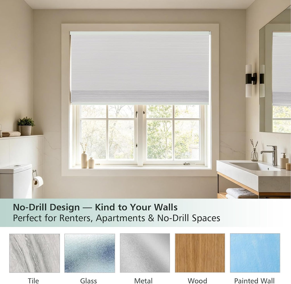 Cordless No Drill Blackout Cellular Shades, Tool-Free Installation Honeycomb Blinds, Room Darkening Privacy Thermal