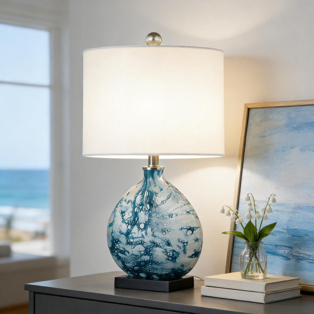 24" Coastal Glass Table Lamp, 3-Way Dimmable Blue Glass Bedside Lamp with White Drum Shade Bedroom Nightstand