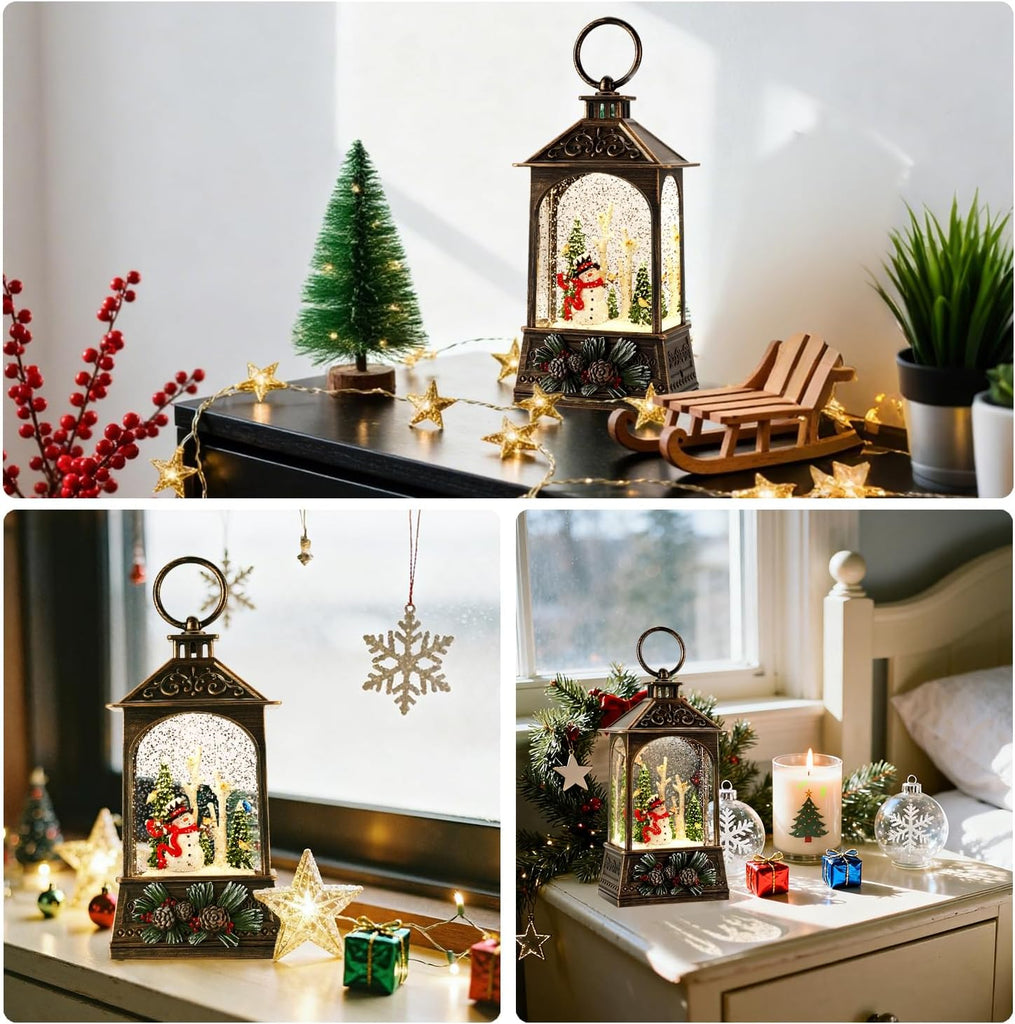 Christmas Lantern,Christmass Snow Globe Lantern Lights with 8 Christmas Songs,Battery & USB Powered,Christmass Snow