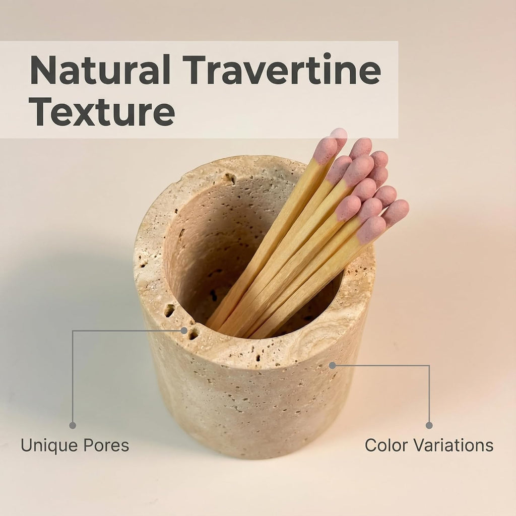 Match Holder with Striker Travertine Match Jar Decorative 2.5" x 3" Matchstick Organizer for Fireplace, Candles - Set of 3